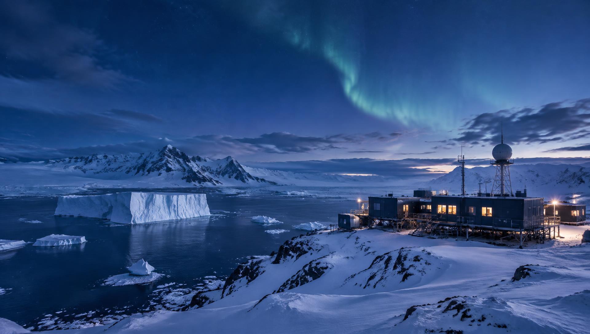 Indian polar research station on an Antarctic ice shelf under an aurora